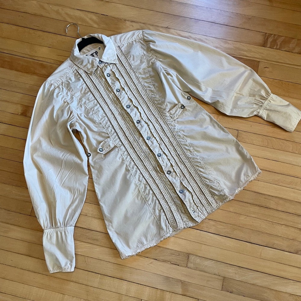 FREE PEOPLE Tan Ruffle Puff Sleeve Blouse Shirt Ladder Lace Pintucking Boho